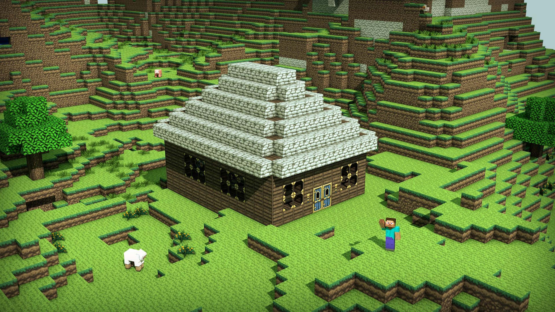 Minecraft Survival 桌布 壁紙 — 一間像素化嘅Minecraft屋，有石頭屋頂，坐落喺一個被樹木同羊圍住嘅草地山坡上。