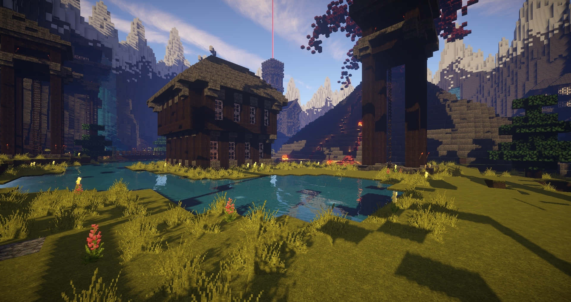 Minecraft Server 桌布 壁紙 — 一間像素化木屋坐落於平靜池塘旁，處於一個由鋸齒狀山脈和發光植物組成的方塊幻想景觀中，天空明亮。