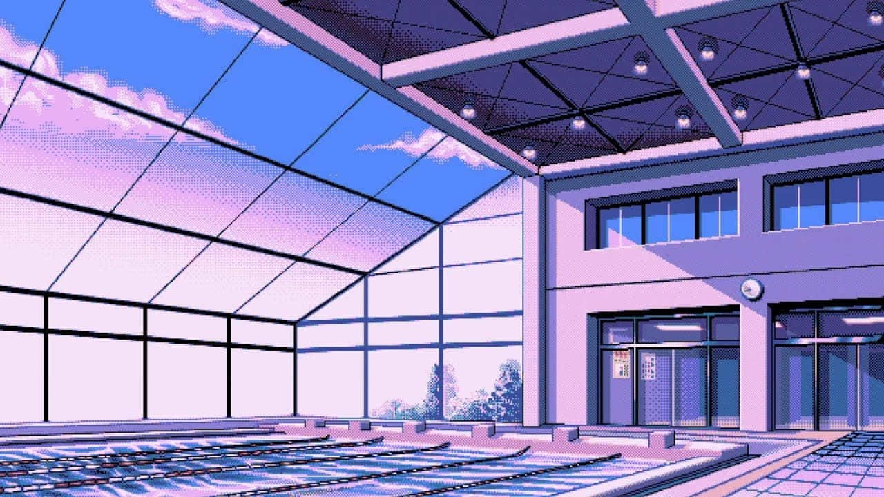 grid 桌布 壁紙 — 一間像素藝術風格的學校體育館，設有玻璃天窗下的看台，展現粉紅色與藍色的天空。