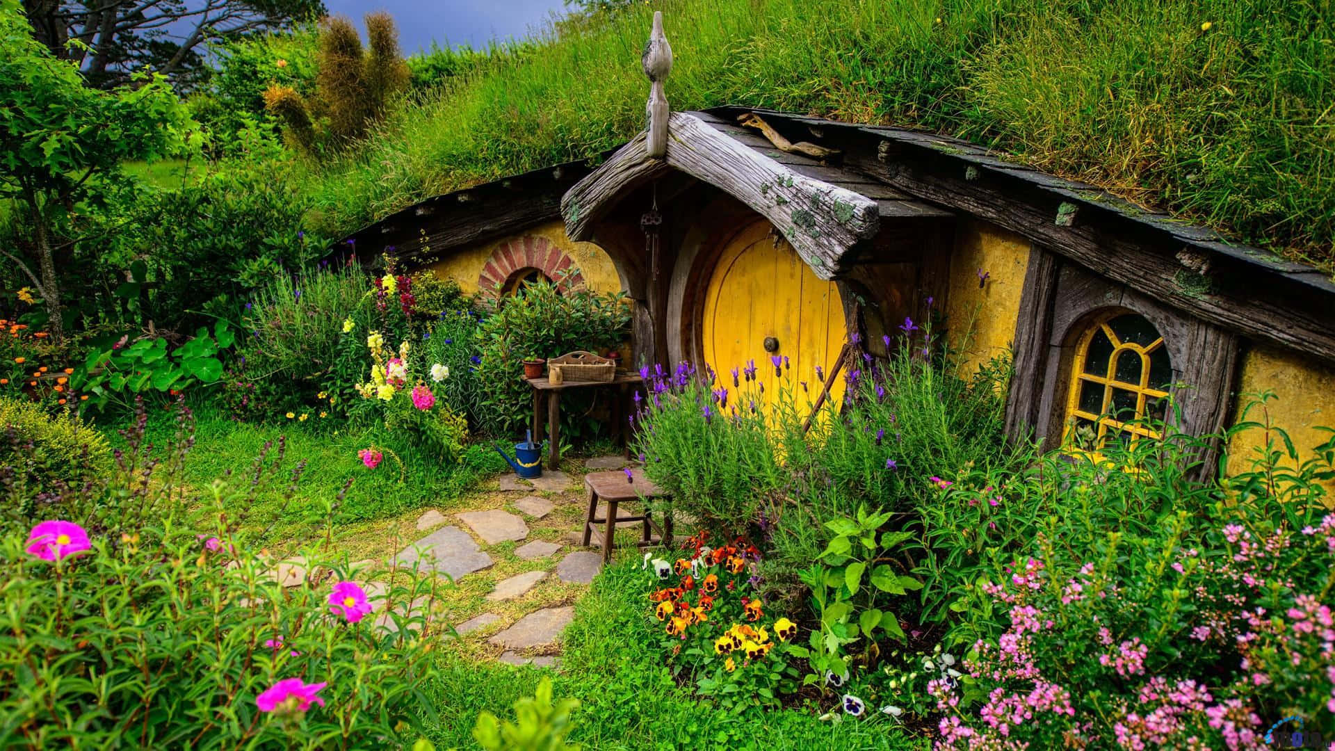 Picturesque 桌布 壁紙 — 一間充滿奇思妙想的哈比人小屋，黃色大門配綠色屋頂，坐落於色彩繽紛、生機勃勃的花園中。