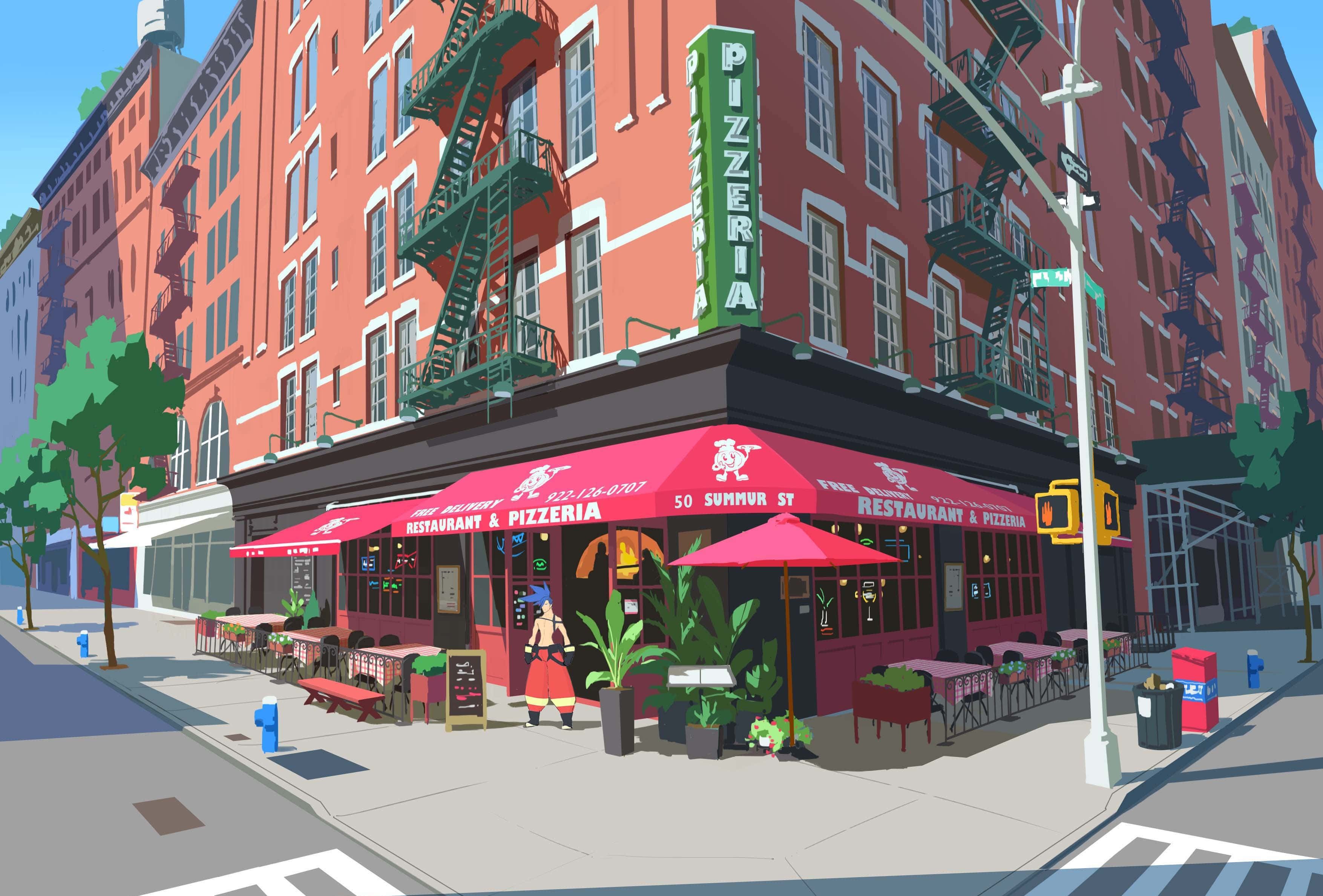 Promare 桌布 壁紙 — 一間充滿活力的卡通風格薄餅店，位於陽光普照的街角，設有紅色遮陽篷和綠色防火梯。