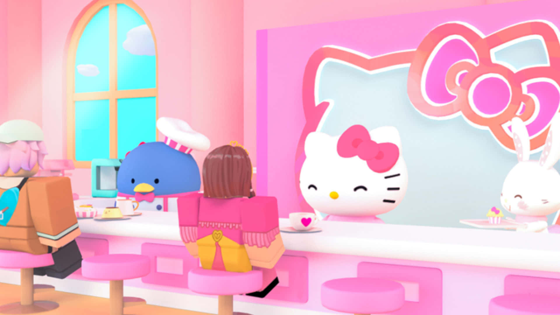 Kawaii Hello Kitty 桌布 壁紙 — 一間充滿活力的粉紅色咖啡店，有卡通角色和顧客在明亮的日光下享用糕點。