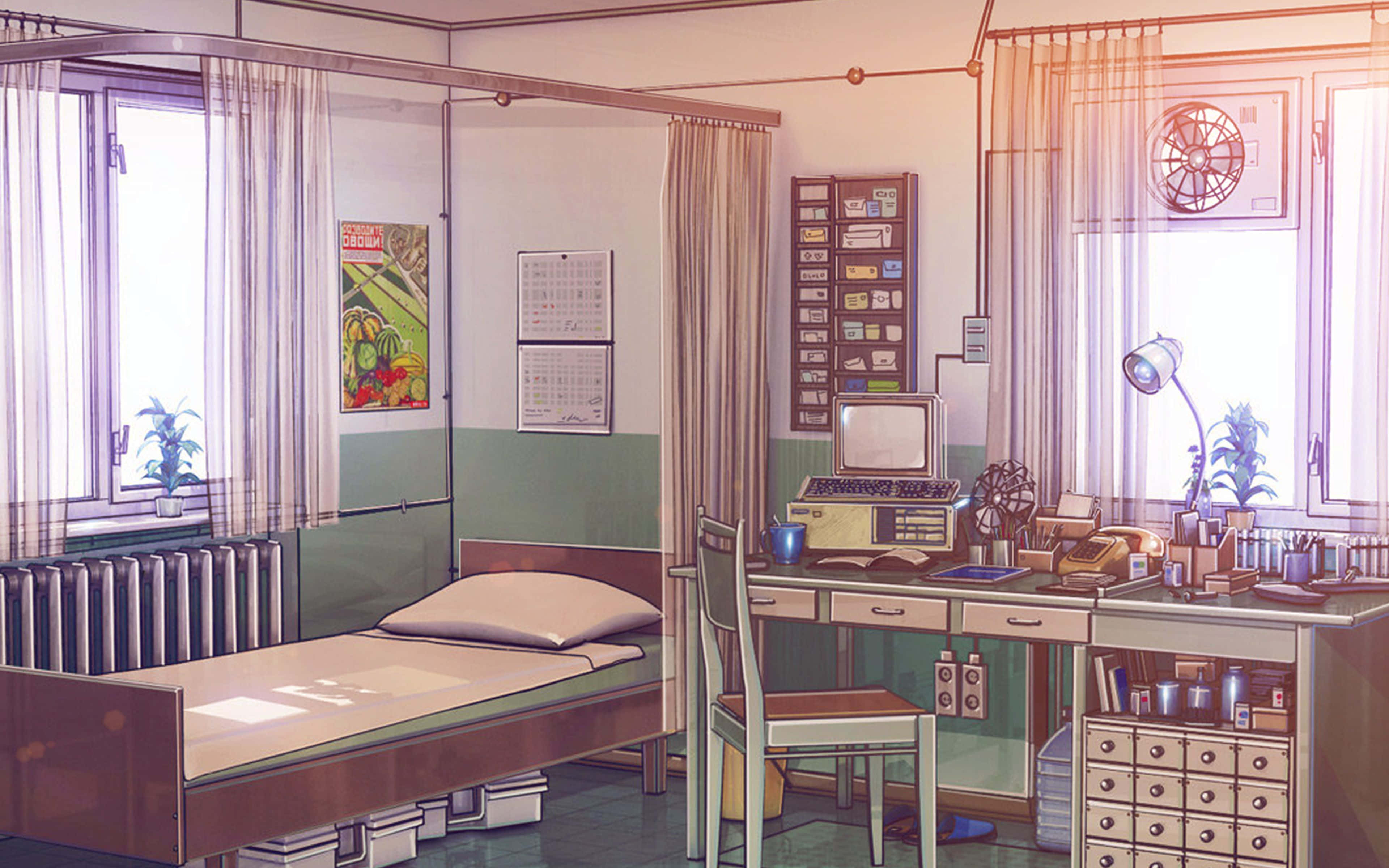 Kawaii Room 桌布 壁紙 — 一間充滿陽光嘅復古醫院房，有床、雜亂嘅書枱同埋浸浴喺溫暖晨光中嘅復古醫療設備。