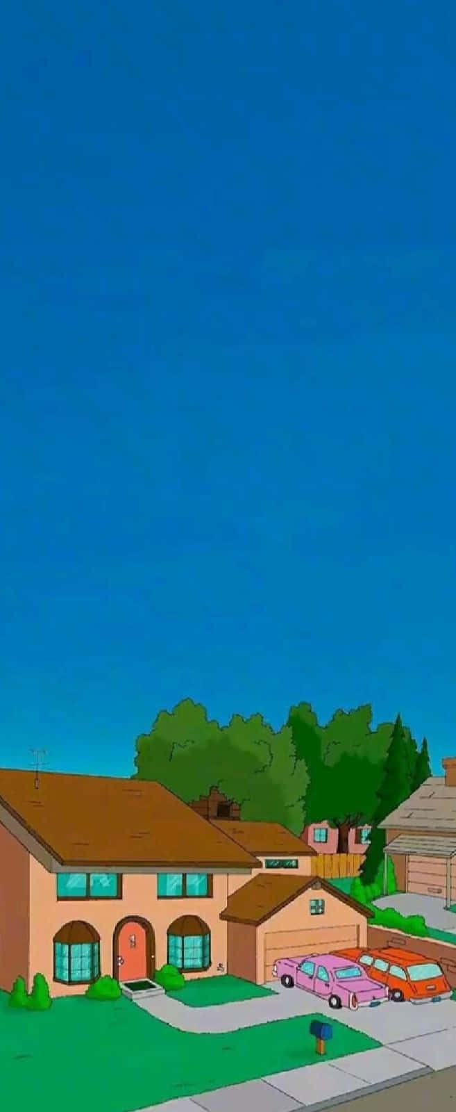 Wubba Lubba Dub Dub 桌布 壁紙 — 一間卡通屋，前面停著一輛粉紅色汽車，背景是廣闊的藍天。