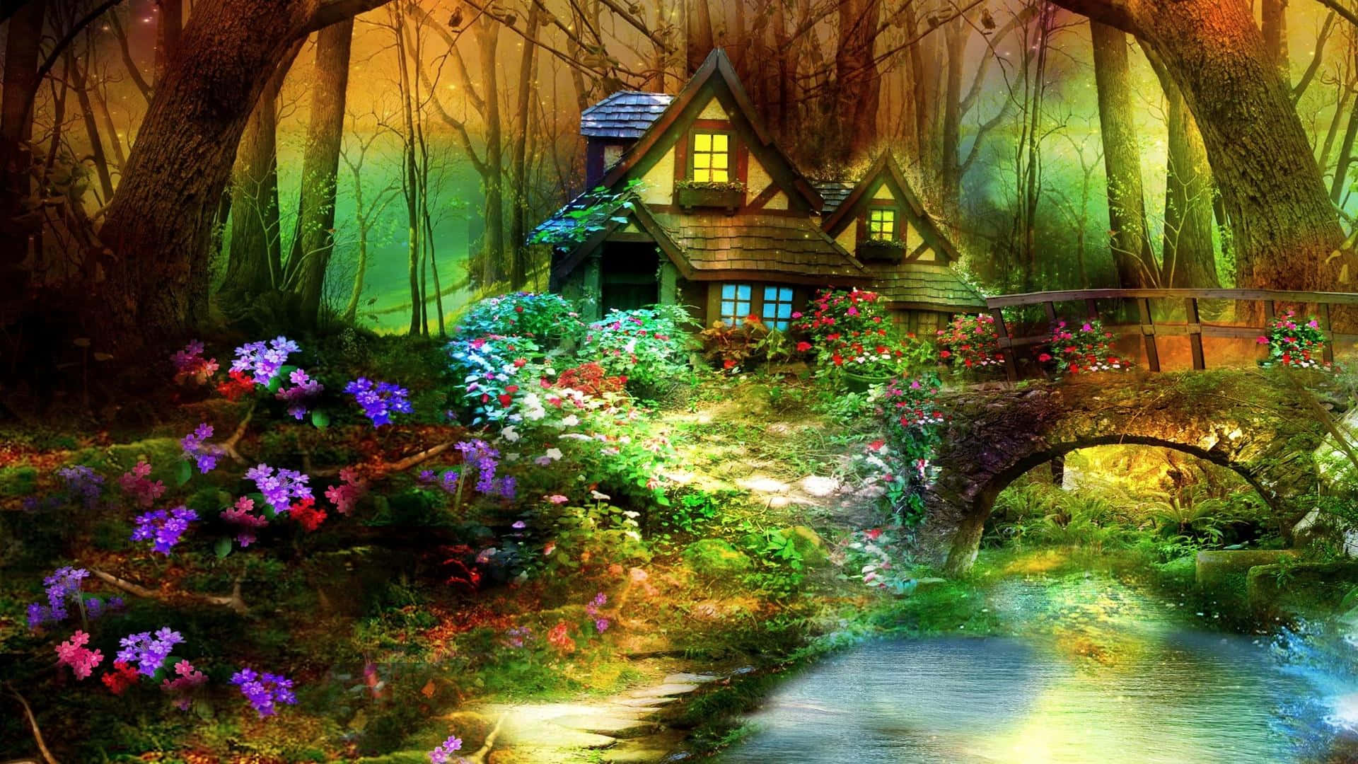 Enchanted Garden 桌布 壁紙 — 一間夢幻小屋坐落於充滿活力的魔法森林中，擁有發光的窗戶和一座橫跨閃爍溪流的石橋。