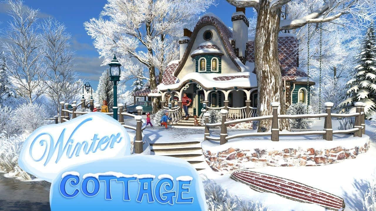 Cozy Winter Cabin 桌布 壁紙 — 一間夢幻的雪覆蓋小屋，孩子們在明亮的藍色冬日天空下在外面玩耍。