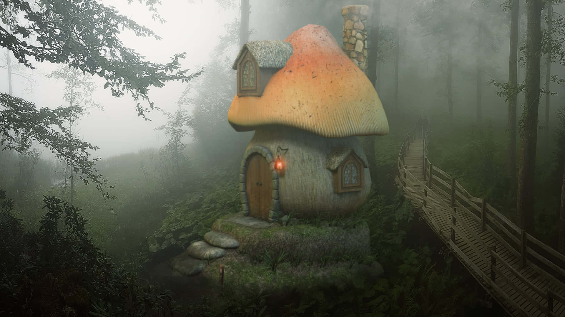 Enchanting 桌布 壁紙 — 一間夢幻蘑菇形小屋，掛著發光燈籠，坐落在迷霧森林中，可通過蜿蜒穿過茂密樹林的木棧道到達。