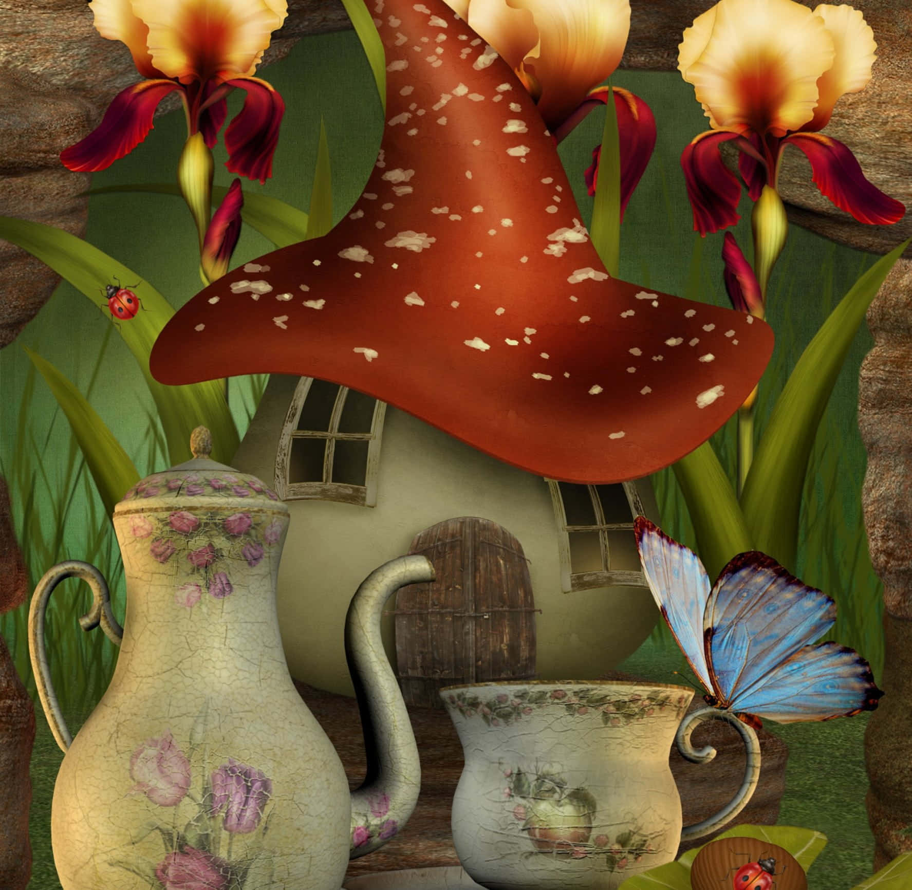 Kawaii Mushroom 桌布 壁紙 — 一間奇幻嘅仙子屋，有紅色圓點蘑菇屋頂，隱藏喺鳶尾花同復古花卉茶壺之間。