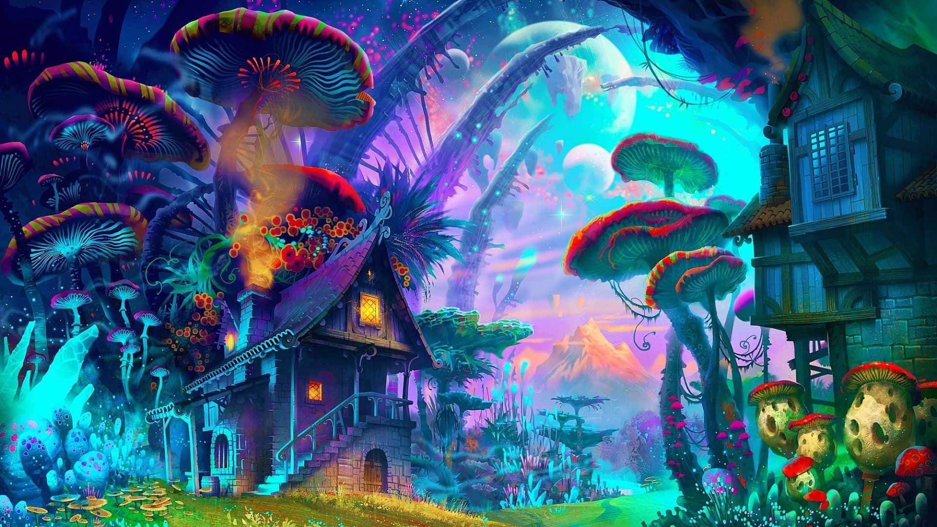 Trippy Mushroom 桌布 壁紙 — 一間奇幻小屋隱藏在巨型發光蘑菇之間，上方是超現實的暮色天空。