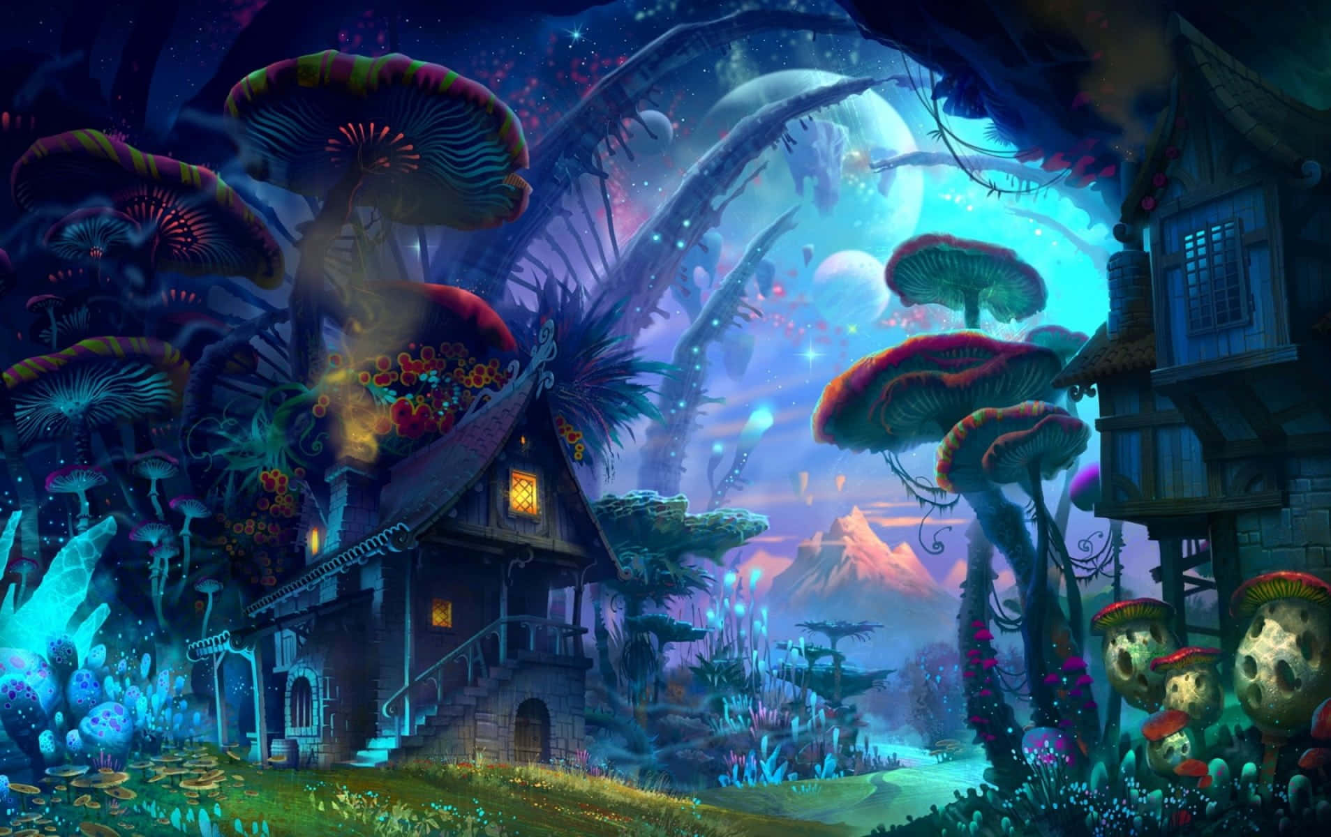 Enchantment 桌布 壁紙 — 一間奇幻小屋隱藏在巨大發光蘑菇中，在星光暮色下漂浮著光球。