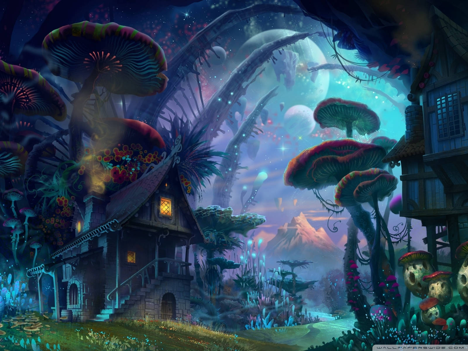 World 桌布 壁紙 — 一間奇幻小屋隱藏在巨大的發光蘑菇之間，背景是繁星點點的暮色天空、漂浮的球體和遠山。