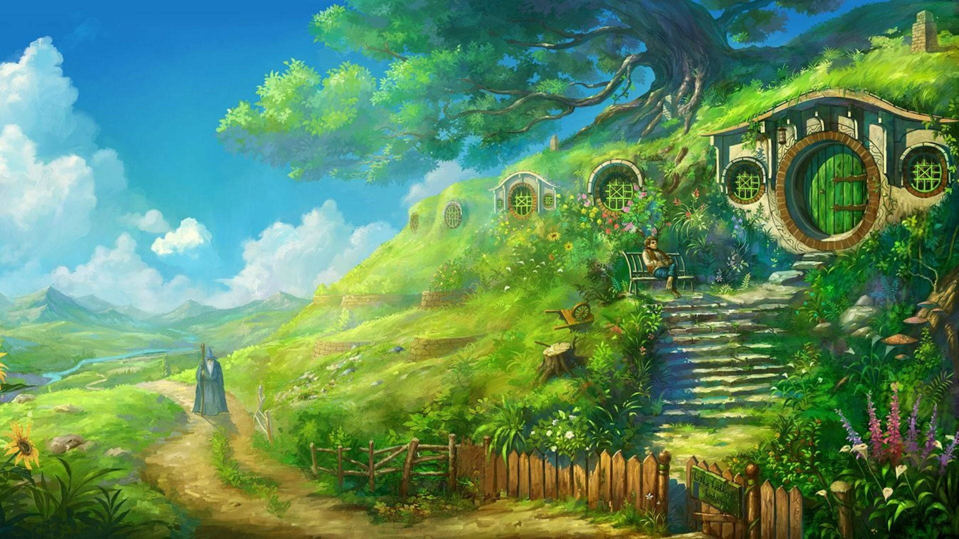 Lord Of The Rings Landscape 桌布 壁紙 — 一間奇幻的哈比人小屋，坐落在翠綠的山坡上，上方是藍天白雲。