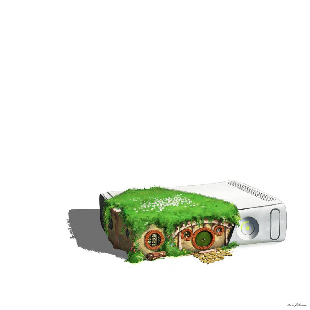 一間擁有綠色屋頂和圓形門的哈比人小屋從白色Xbox主機中浮現。