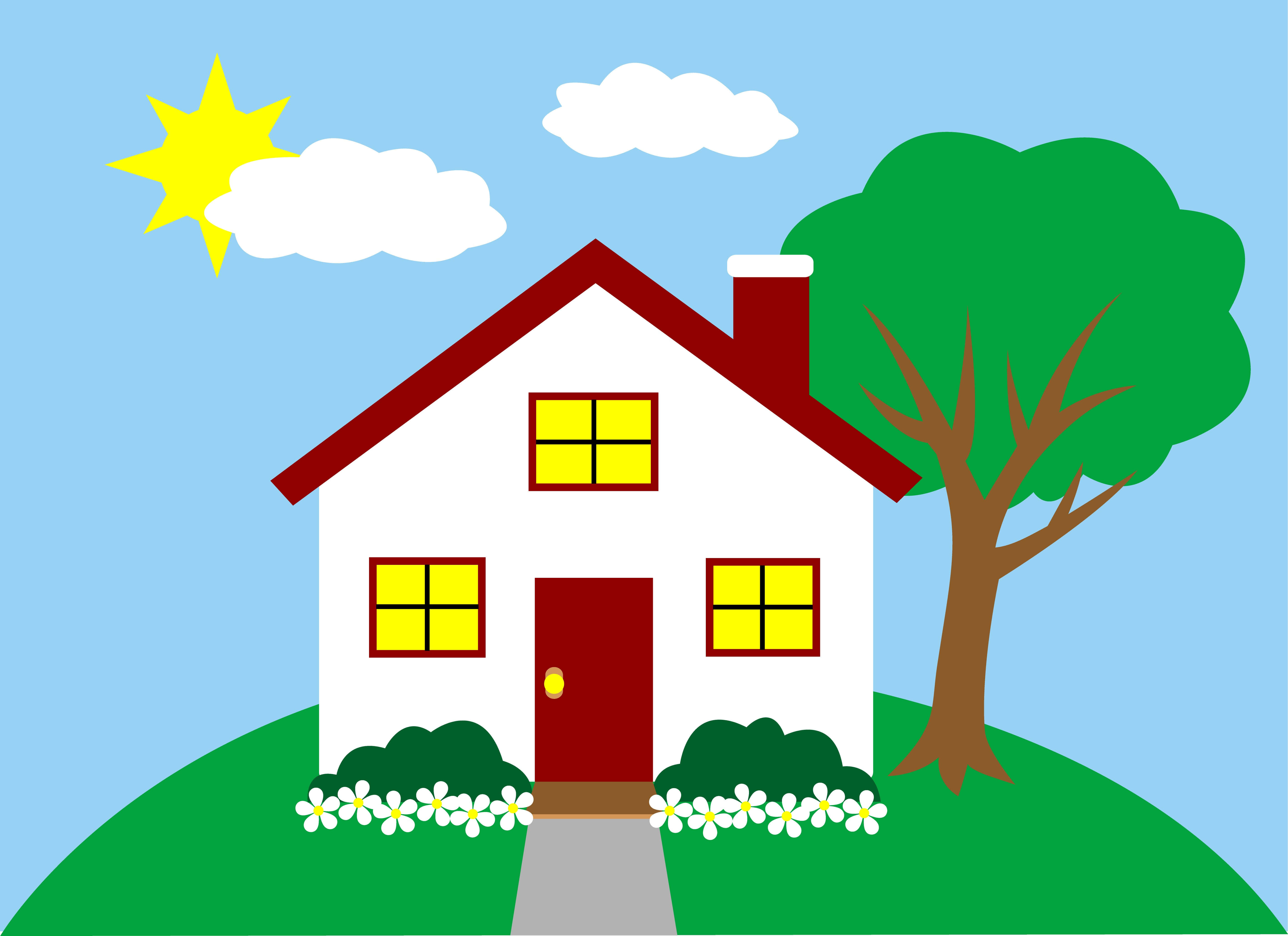 Clipart 桌布 壁紙 — 一間快樂的卡通屋，紅色屋頂和門，坐落於綠色的山丘上，上方有明亮的太陽和蓬鬆的雲朵。
