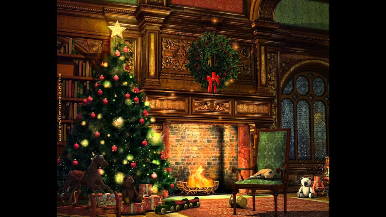 Vintage Christmas 桌布 壁紙 — 一間溫暖照明的維多利亞風格客廳，設有發光的壁爐、裝飾好的聖誕樹，以及樹枝下的節日玩具。