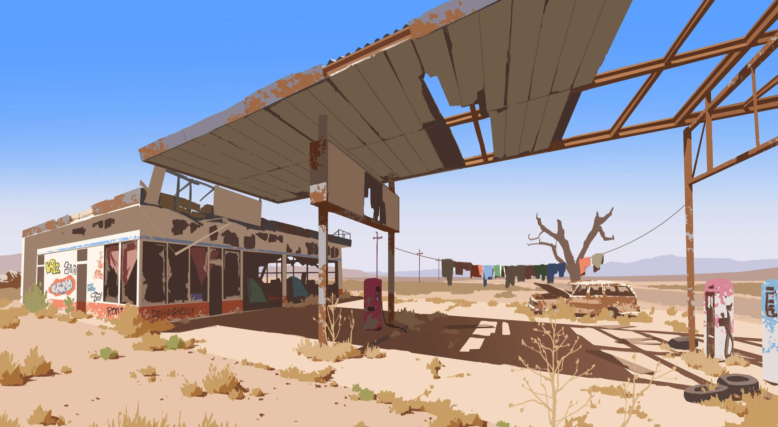 Promare 桌布 壁紙 — 一間破舊的沙漠加油站，生鏽的屋頂和廢棄的汽車，在晴朗的藍天下。