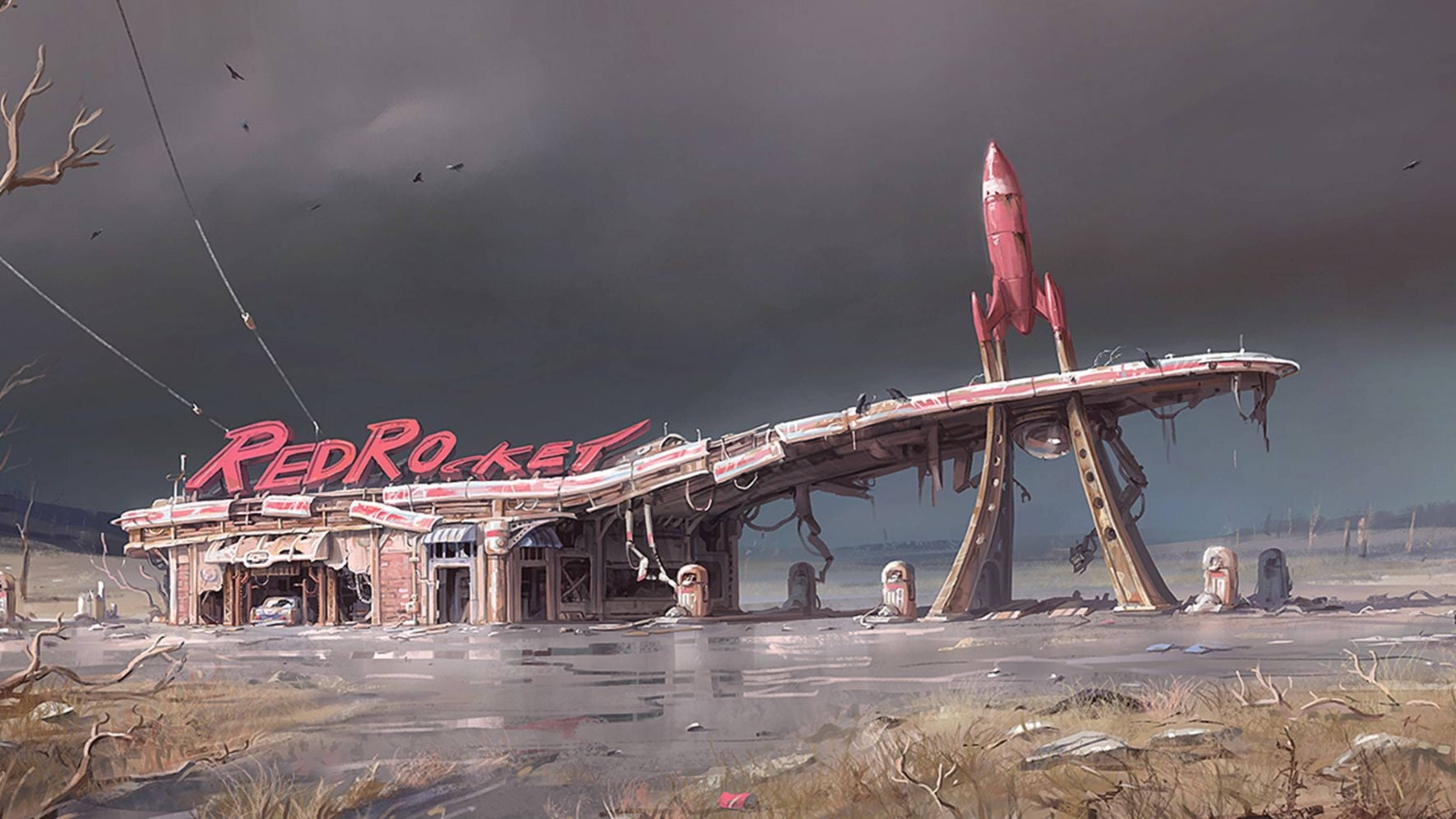 Fallout 4 桌布 壁紙 — 一間破舊的紅色火箭主題餐廳在風暴天空下荒涼地矗立在荒蕪之地。