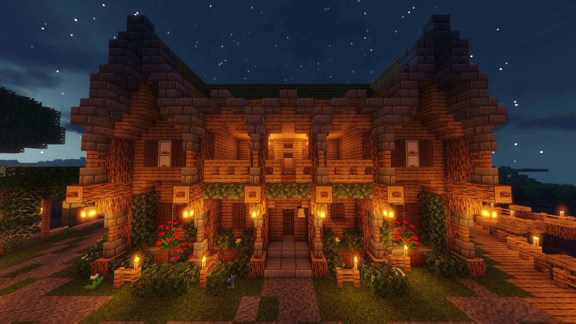 夜空 桌布 壁紙 — 一間舒適嘅Minecraft木屋喺星空下，用燈籠同花朵溫暖咁發光。