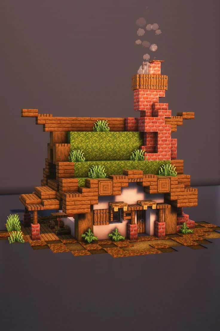 Minecraft Architecture 桌布 壁紙 — 一間舒適的像素化Minecraft風格房屋，帶有磚砌煙囪冒出煙霧和屋頂上的草塊。