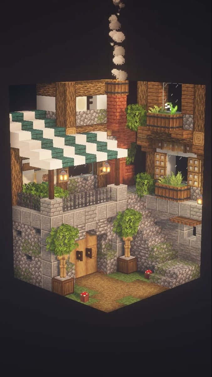Minecraft Architecture 桌布 壁紙 — 一間舒適的像素化Minecraft房屋，有石牆、木門和綠植，在夜晚溫暖地發光。