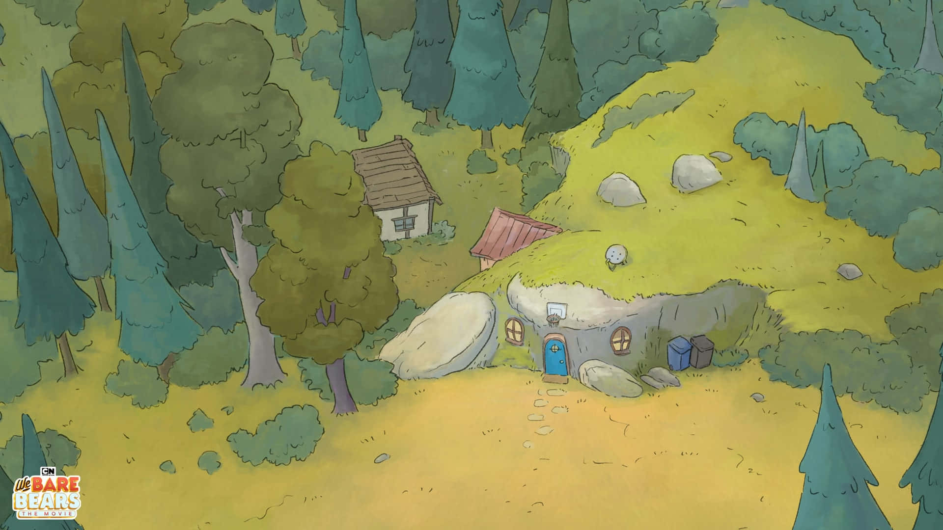 We Bare Bears 桌布 壁紙 — 一間舒適的卡通小屋，坐落在樹木繁茂的山坡上，配有藍色門和石徑。