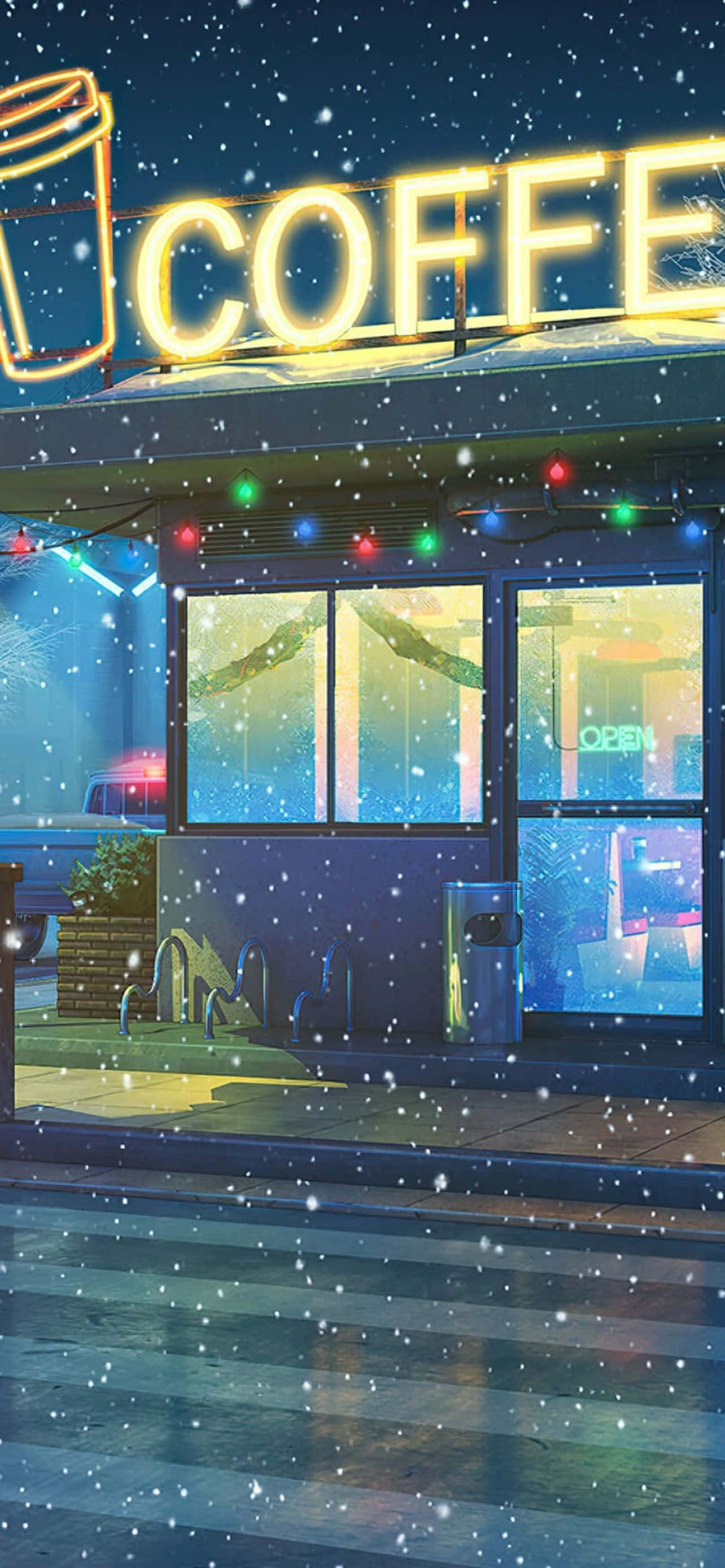 型格 iPhone 壁紙 桌布 壁紙 — 一間舒適的咖啡店在寂靜的冬夜裡，在飄雪下閃爍著霓虹燈和節日燈串。