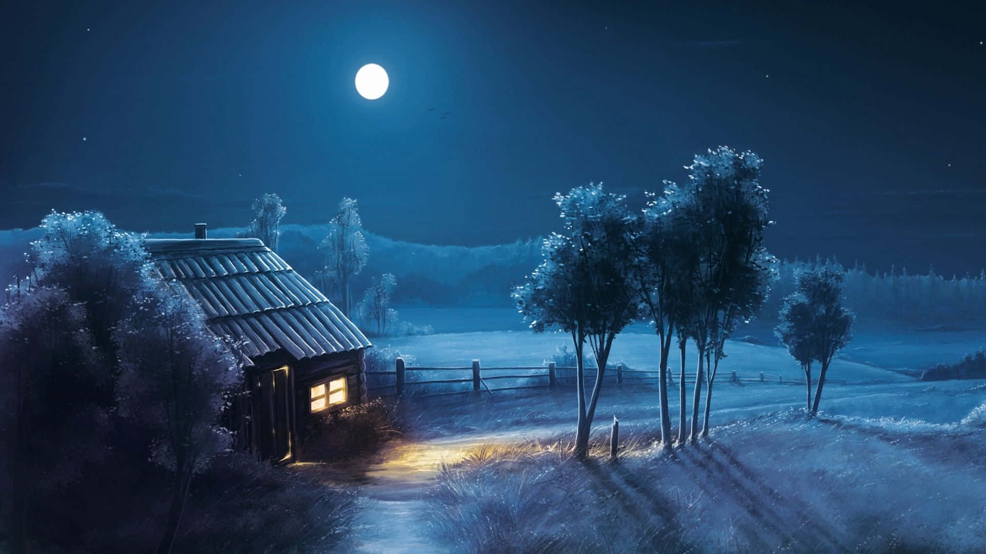 Midnight 桌布 壁紙 — 一間舒適的小屋，窗戶透出溫暖的光芒，獨自矗立在白雪覆蓋的冬季田野上，上方是一輪明亮的滿月。