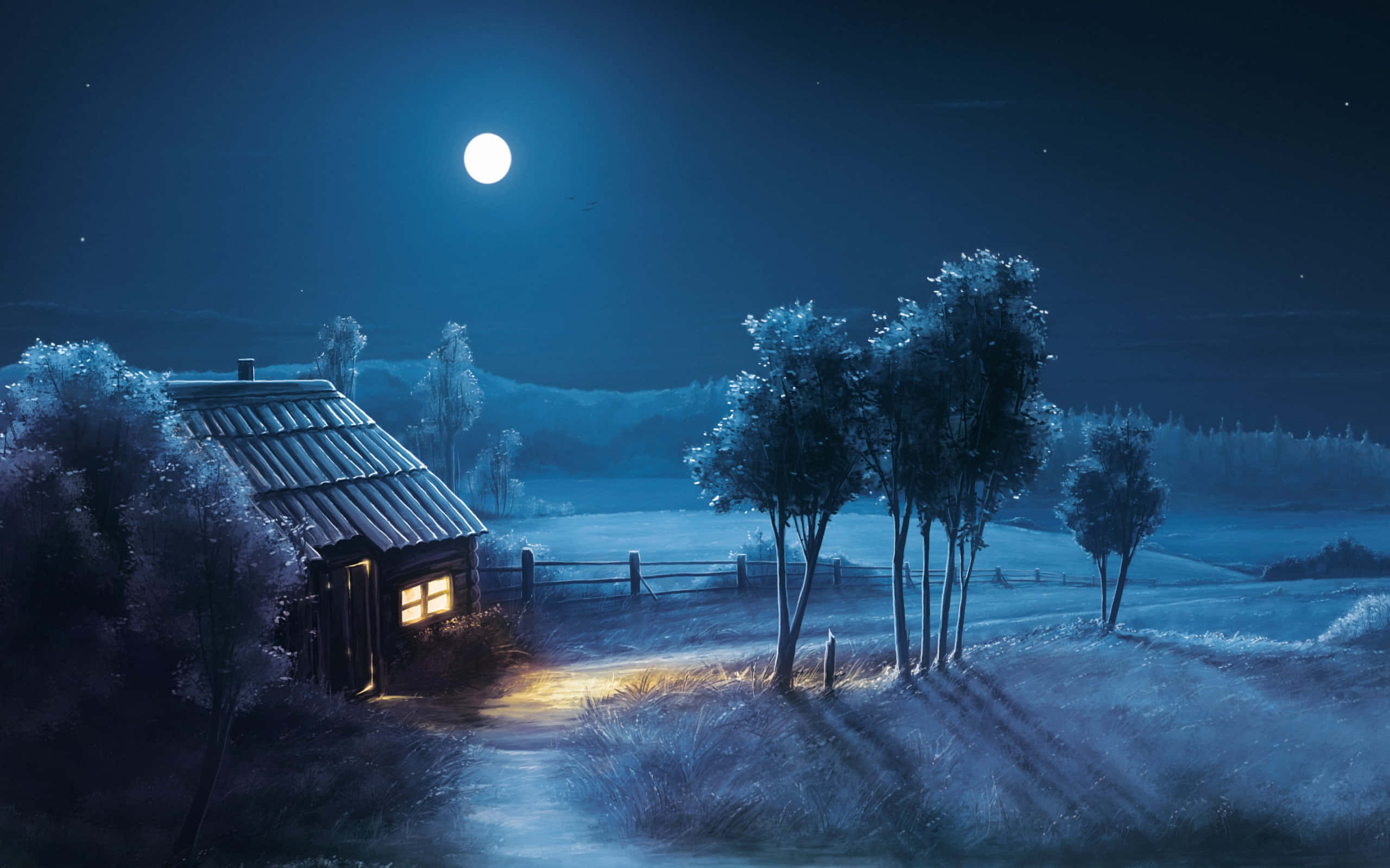 Moon Night 桌布 壁紙 — 一間舒適的小屋在滿月下溫暖地發光，處於霜凍的冬夜景觀中。