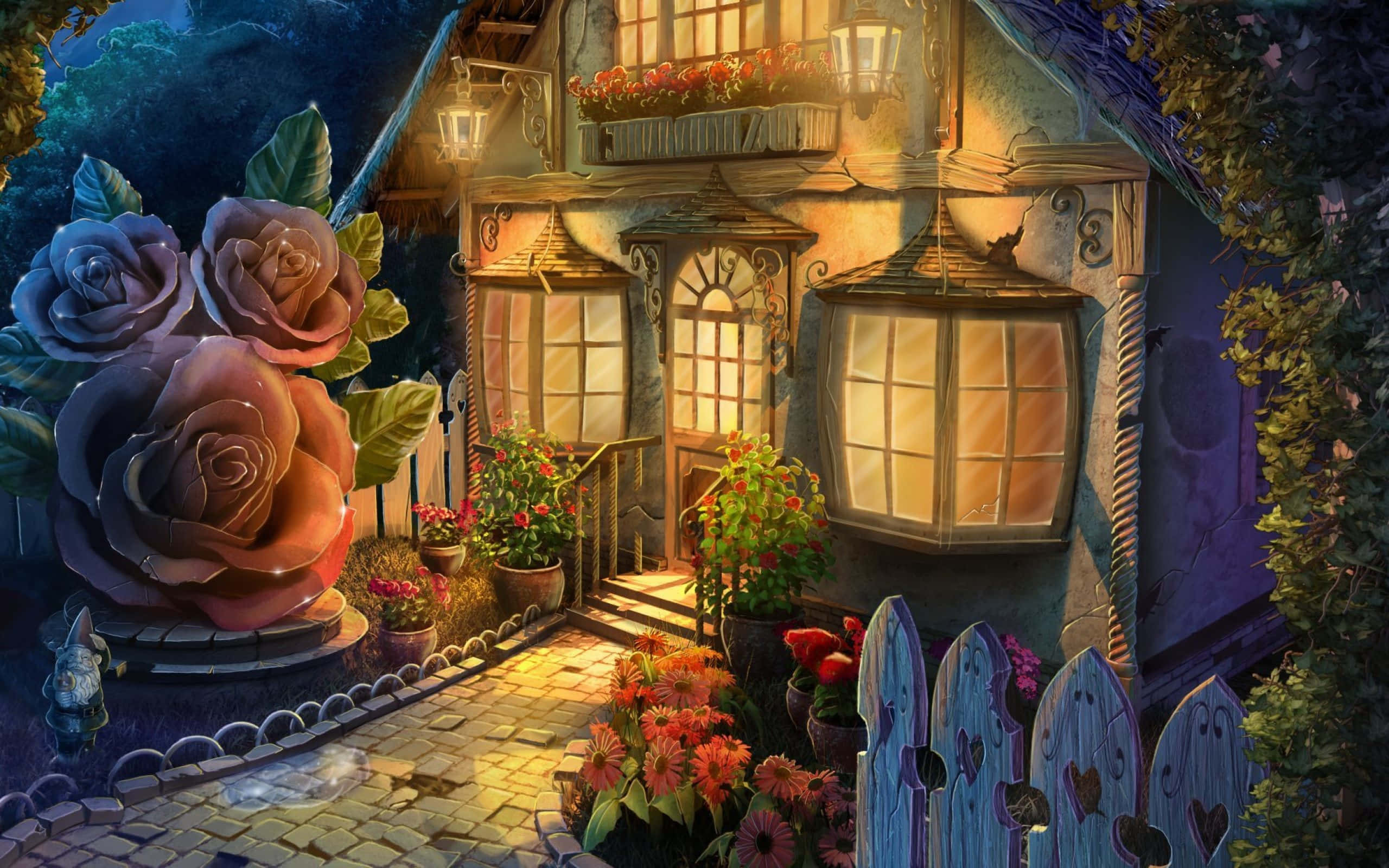 Beautiful Painting 桌布 壁紙 — 一間舒適的小屋在黃昏時溫暖地發光，周圍環繞著巨大的玫瑰和鮮豔的花朵。
