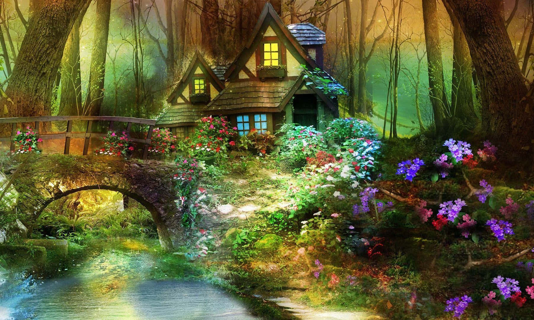 Enchanted Forest 桌布 壁紙 — 一間舒適的小屋坐落在充滿活力的森林中，石橋橫跨溪流，周圍盛開著鮮花。