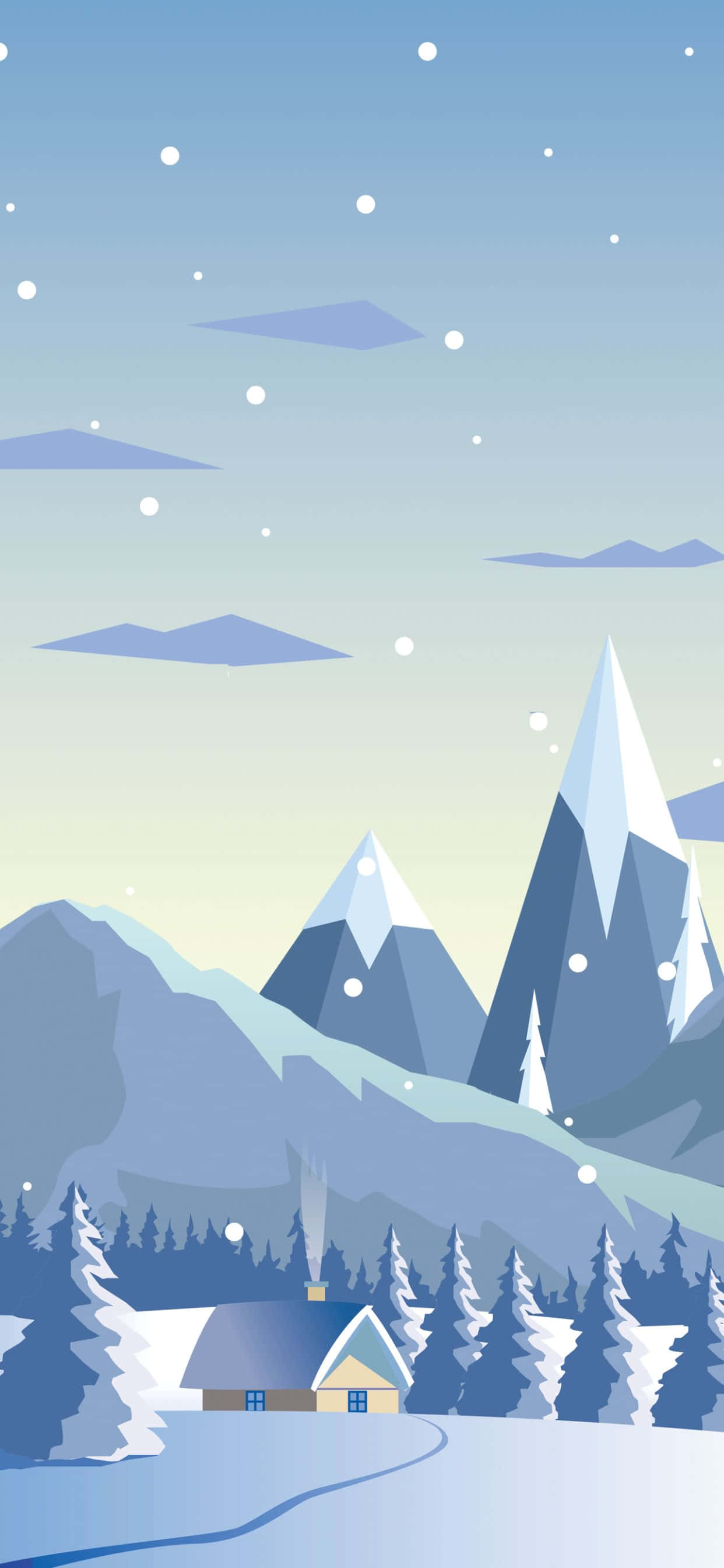 Minimalist Phone 桌布 壁紙 — 一間舒適的小屋坐落在白雪覆蓋的松樹林中，聳立的藍色山脈下，輕柔的雪花飄落。
