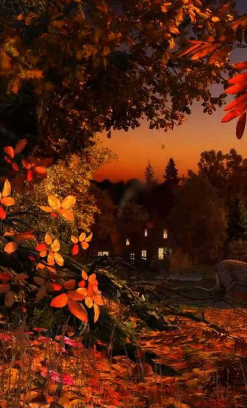 Autumn Evening 桌布 壁紙 — 一間舒適的小屋坐落在秋日森林中，夕陽西下，窗戶閃爍著光芒，火紅的橙色樹葉框住了景色。