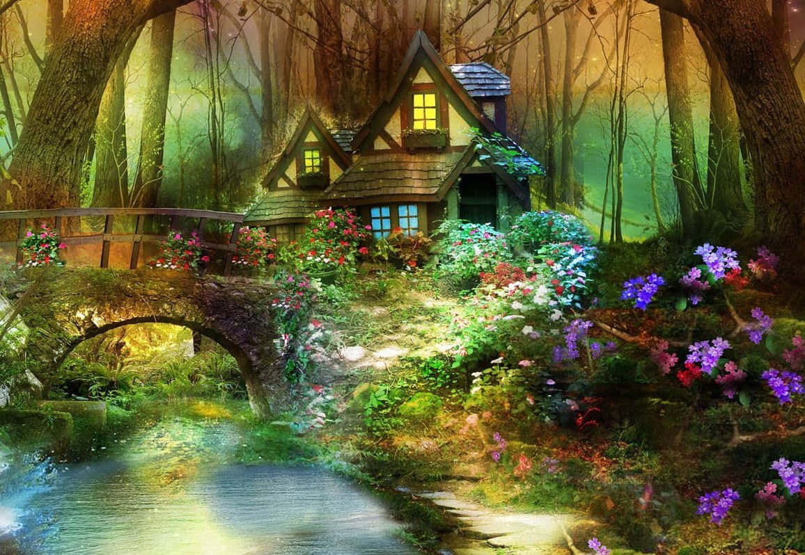 Enchanting 桌布 壁紙 — 一間舒適的小屋坐落在魔法森林中，石橋橫跨在閃爍的小溪上，四周環繞著鮮豔的花朵。