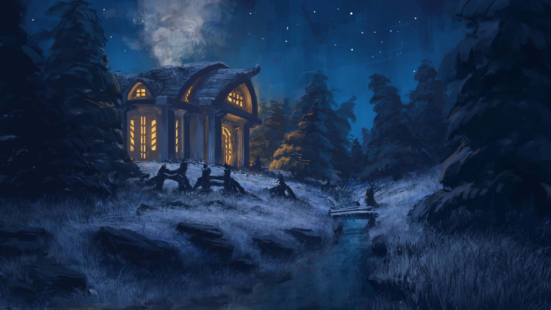Winter Art 桌布 壁紙 — 一間舒適的小木屋，溫暖發光的窗戶，坐落在星空下白雪皚皚的森林中。