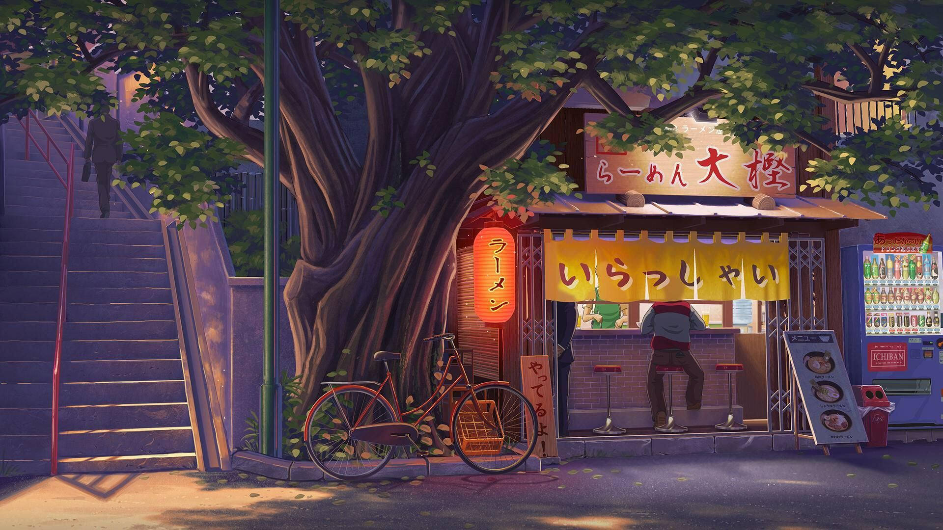 黃昏時分，一棵大樹下的拉麵店，附近停著一輛自行車。 — 古奇家族 壁紙