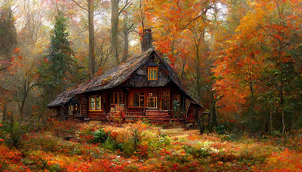 Fall Cabin 桌布 壁紙 — 一間舒適的木屋坐落在充滿活力的秋日森林中，周圍環繞著火紅的橙色和紅色樹葉。