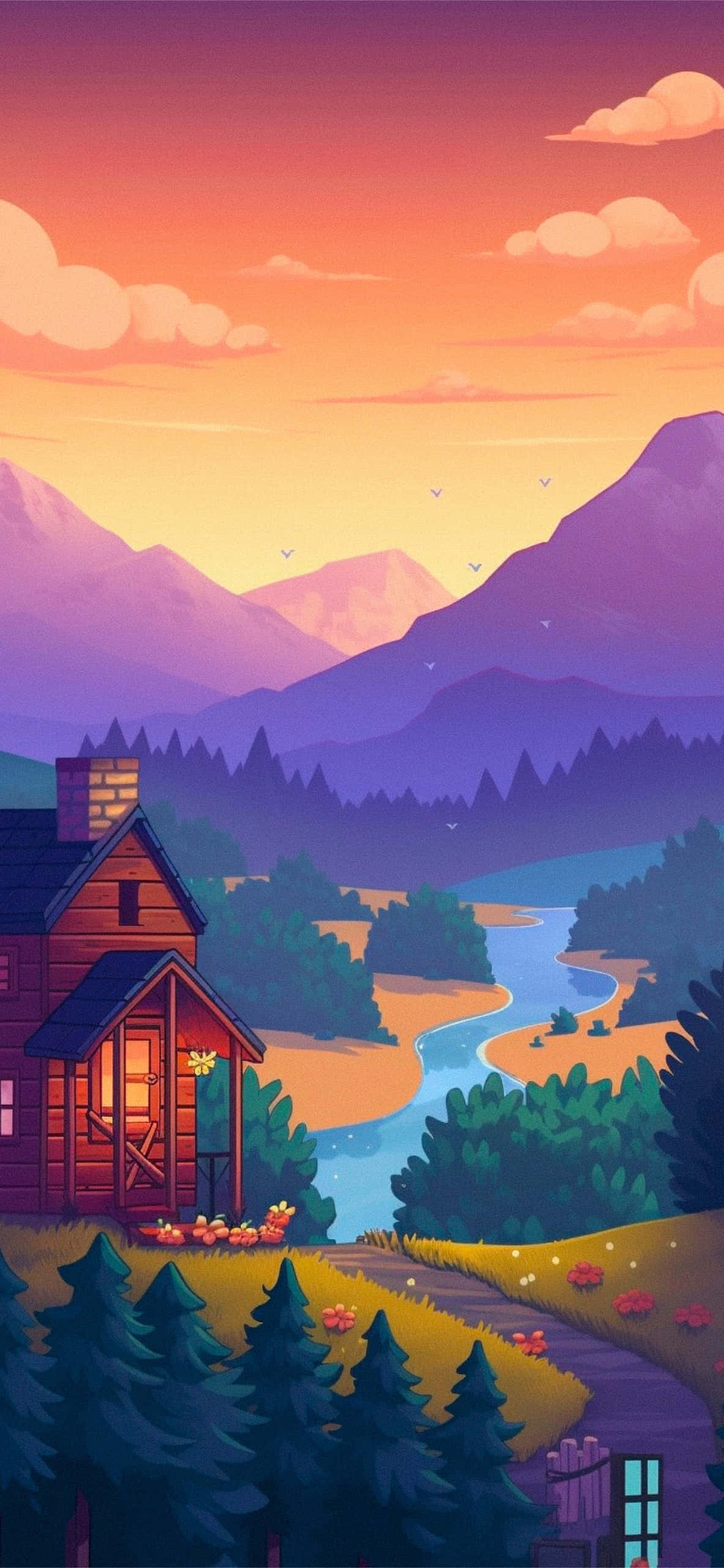 Indie Gaming 桌布 壁紙 — 一間舒適的木屋坐落在日落時分蜿蜒的河邊，背景是紫色的山脈和發光的窗戶。