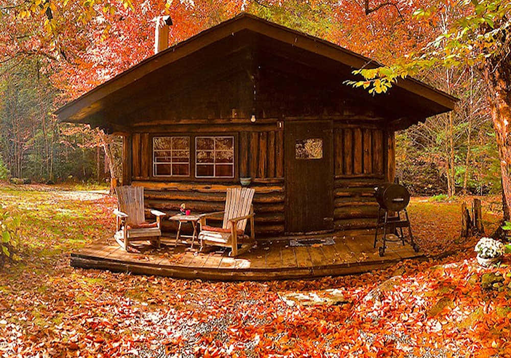 Fall Cabin 桌布 壁紙 — 一間舒適的木屋坐落在鋪滿鮮豔橙色和紅色秋葉的森林中。