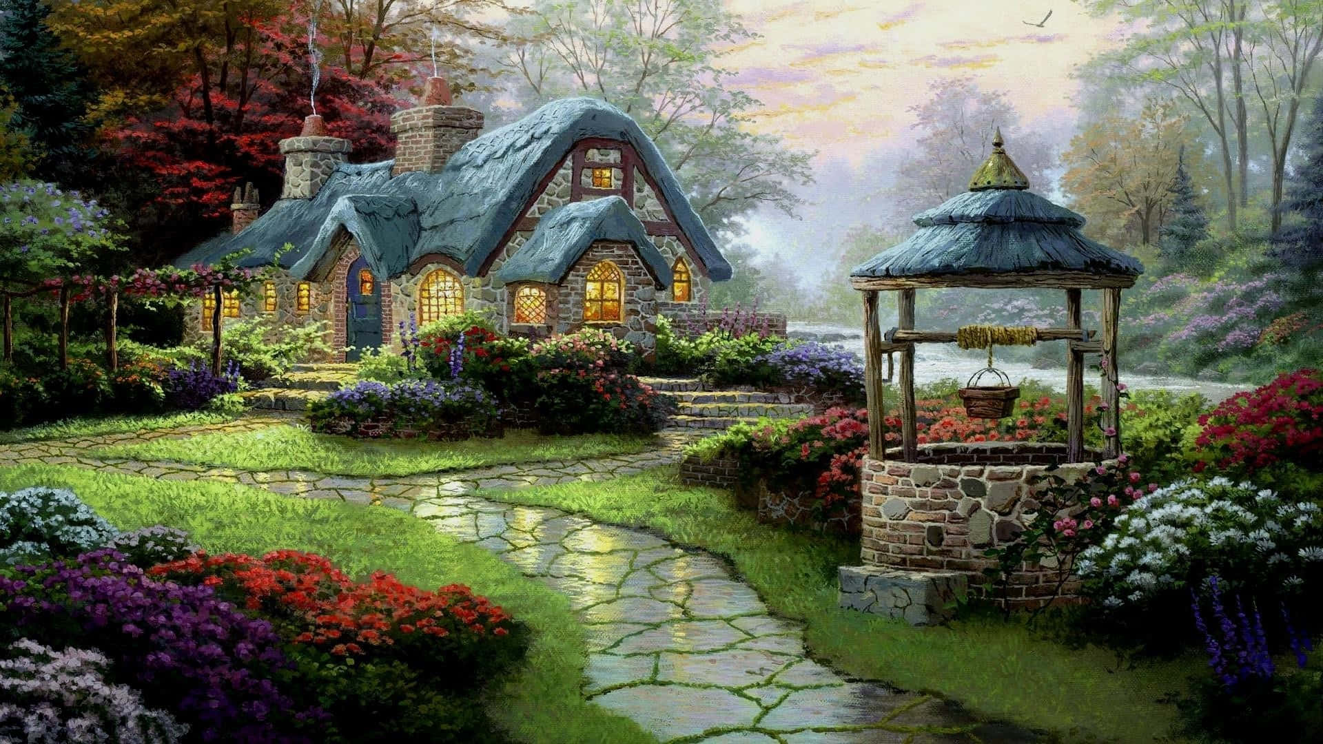 Cottage Garden 桌布 壁紙 — 一間舒適的石屋，窗戶透出溫暖光芒，坐落在暮色中充滿生機的花園裡。