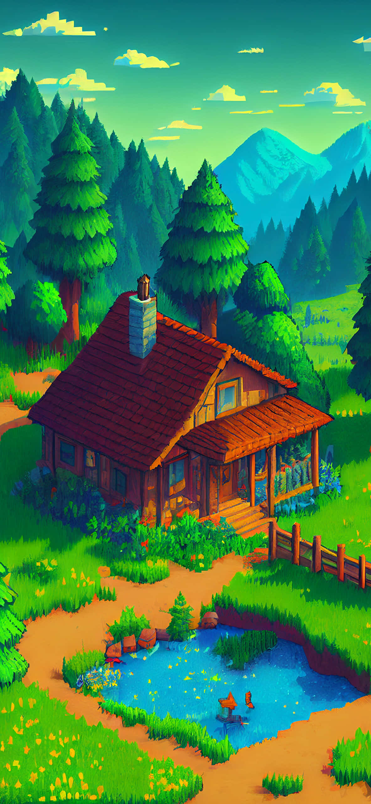 Indie Gaming 桌布 壁紙 — 一間舒適的紅色屋頂木屋坐落在藍色池塘旁，周圍是茂密的綠色森林，遠處有山脈，天空明亮。