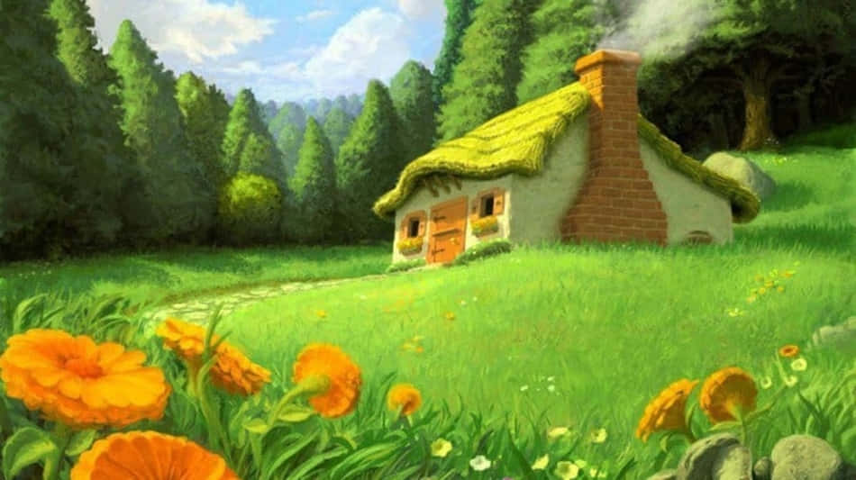 動畫 桌布 壁紙 — 一間舒適的茅草屋坐落在陽光明媚的草地上，草地上有橙色花朵和高聳的綠樹，藍天白雲。