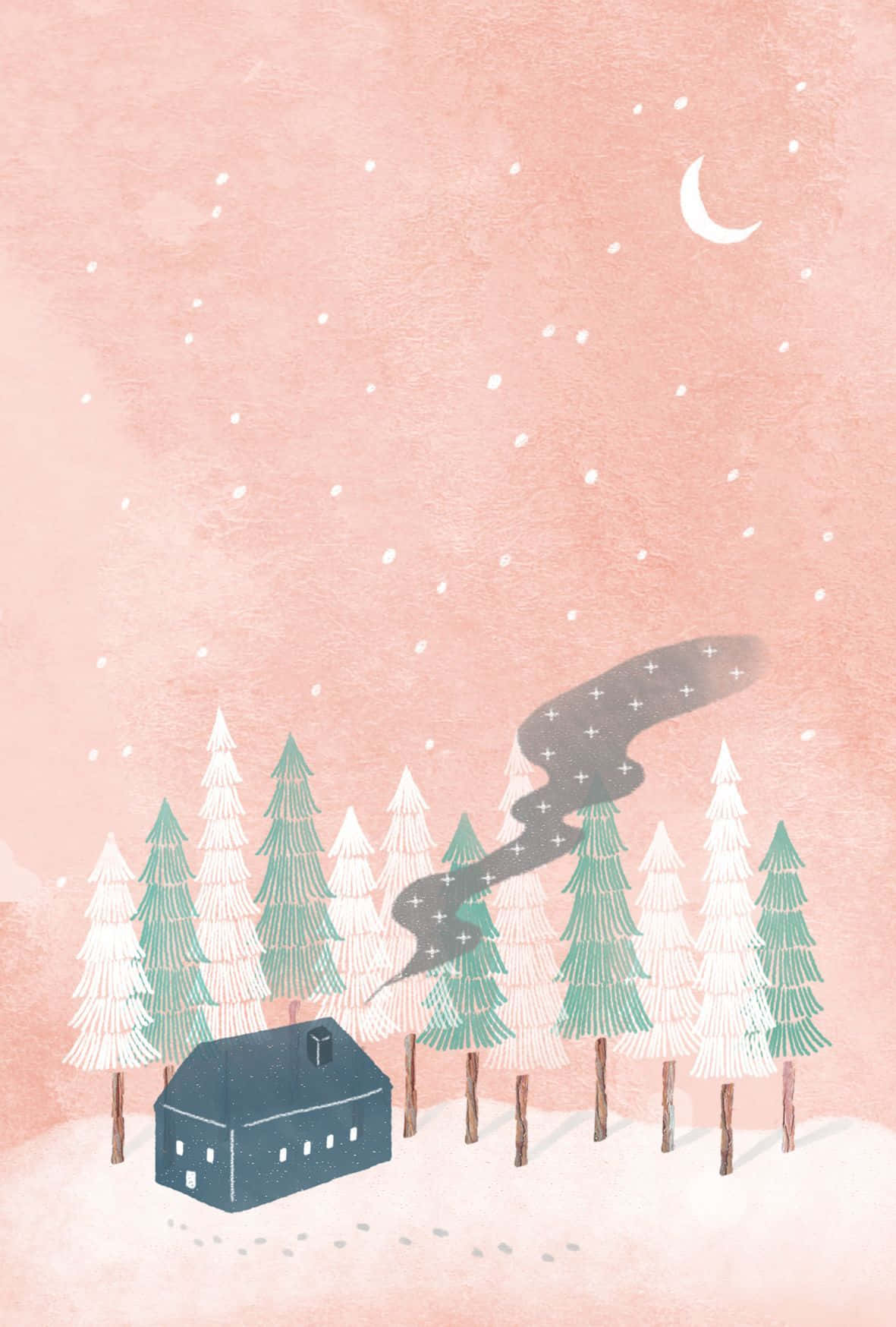 Winter Phone 桌布 壁紙 — 一間舒適的藍色小屋坐落在白雪覆蓋的松樹林中，粉紅色的天空下掛著一彎新月，雪花飄落。