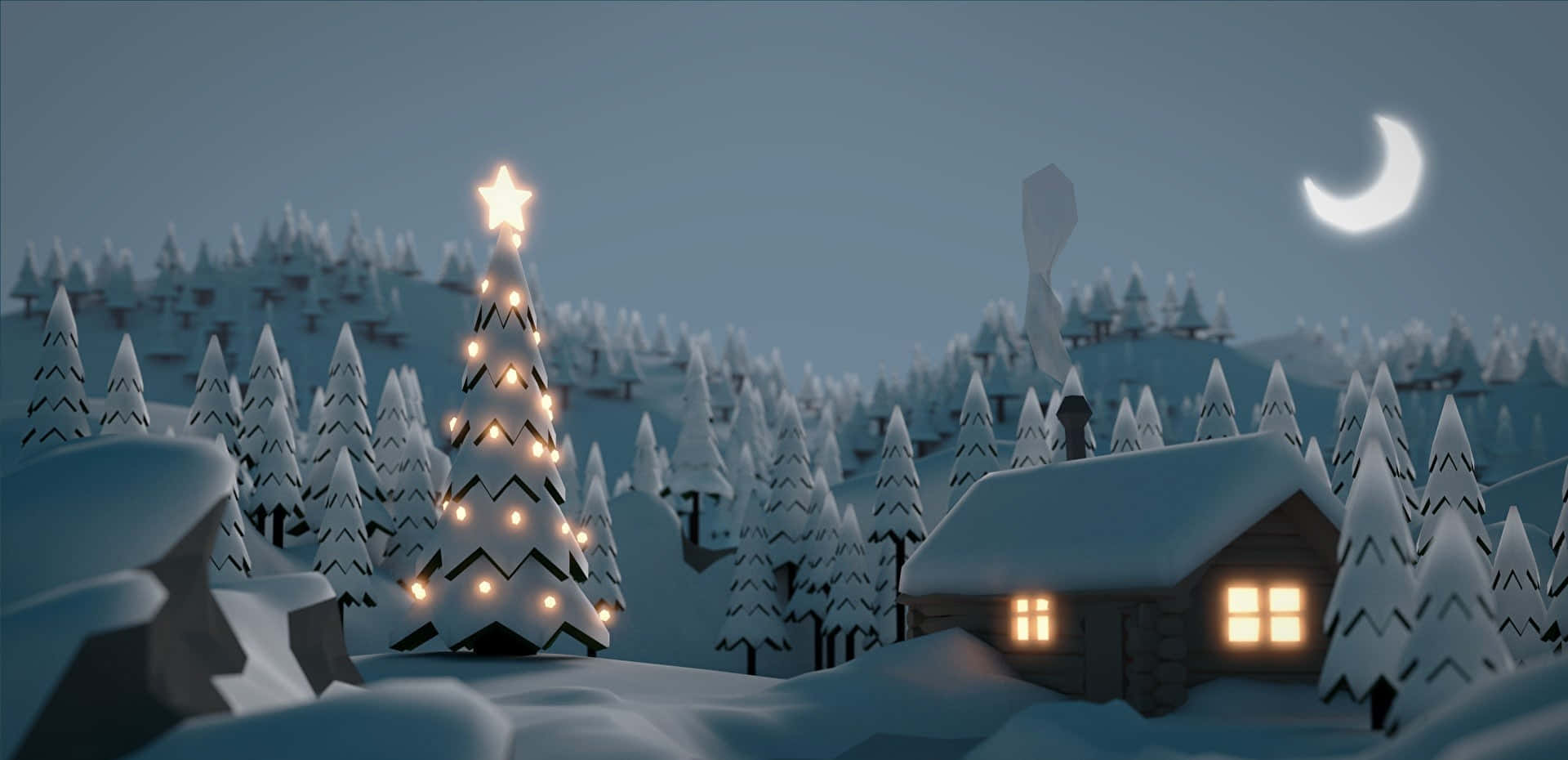 Cozy Winter Cabin 桌布 壁紙 — 一間舒適的雪覆蓋小屋，溫暖發光的窗戶，周圍是雪松樹，在彎月下。