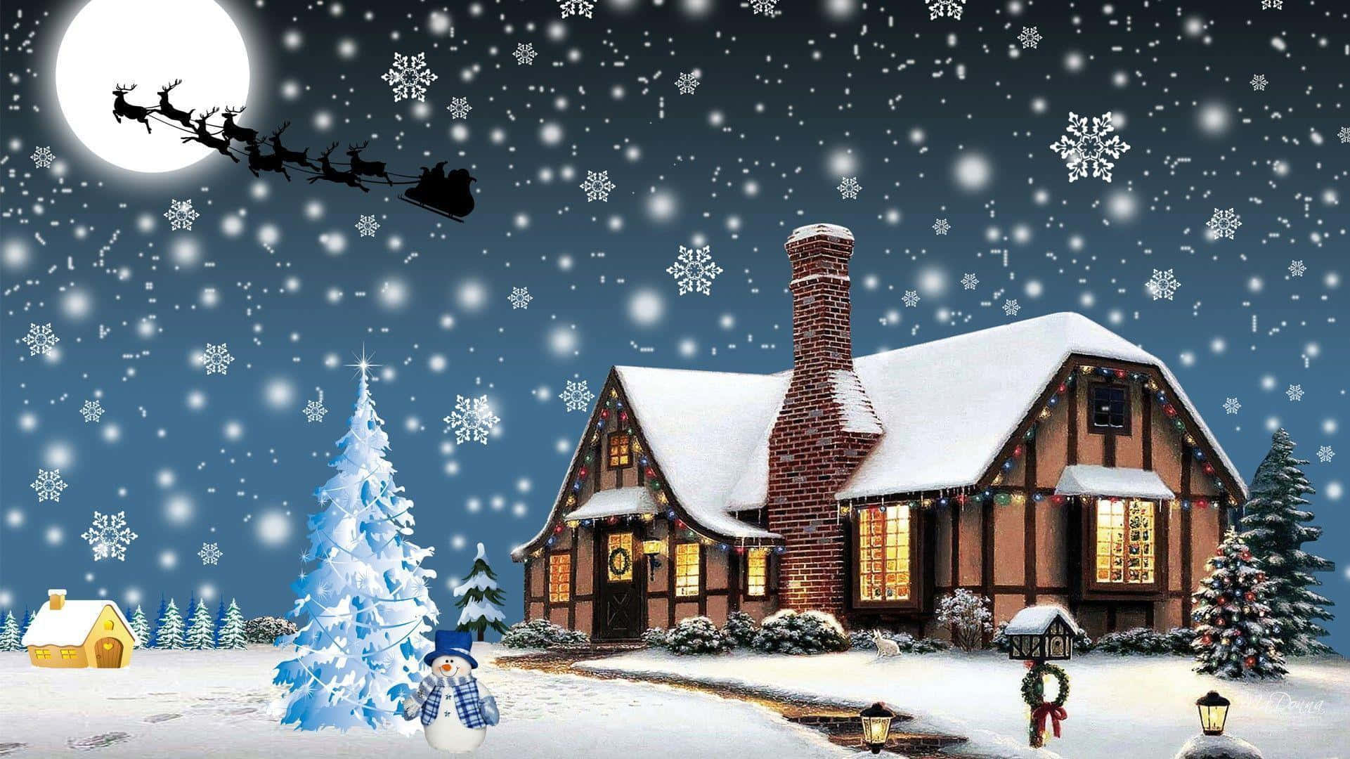 Christmas Eve 桌布 壁紙 — 一間舒適的雪覆蓋小屋，溫暖的燈光在月光下閃耀，聖誕老人的雪橇帶著飄落的雪花飛過頭頂。