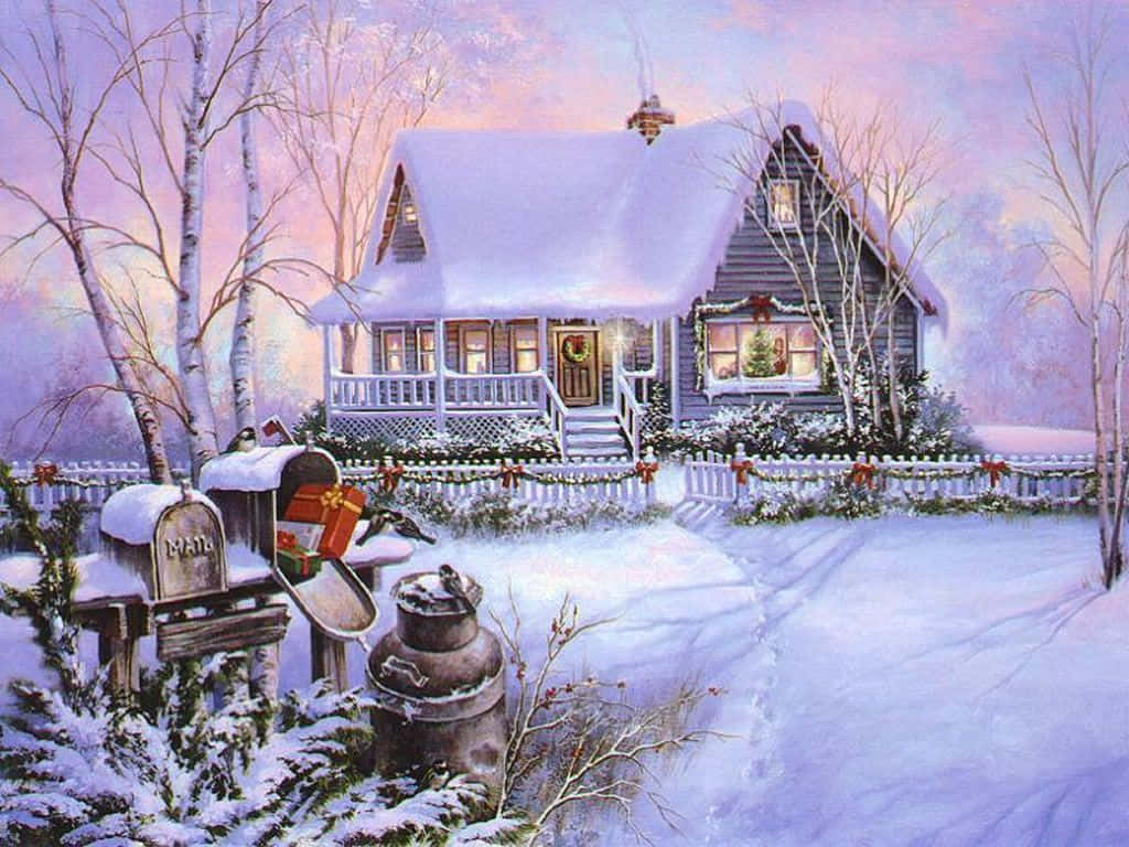 冬季場景 桌布 壁紙 — 一間舒適的雪覆蓋小屋，窗戶透出溫暖燈光，周圍是光禿禿的樹木和節日裝飾，在柔和的暮色天空下。