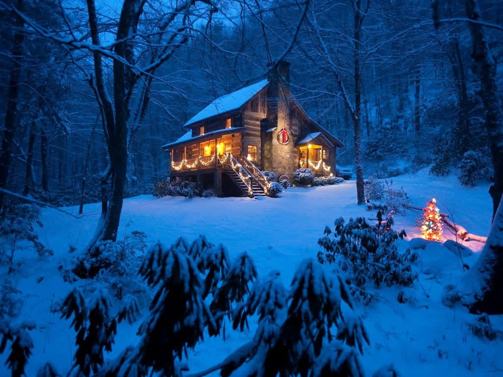 Cozy Winter Cabin 桌布 壁紙 — 一間舒適的雪覆蓋小屋在夜晚溫暖地發光，周圍環繞著冬季樹木和點亮的聖誕樹。