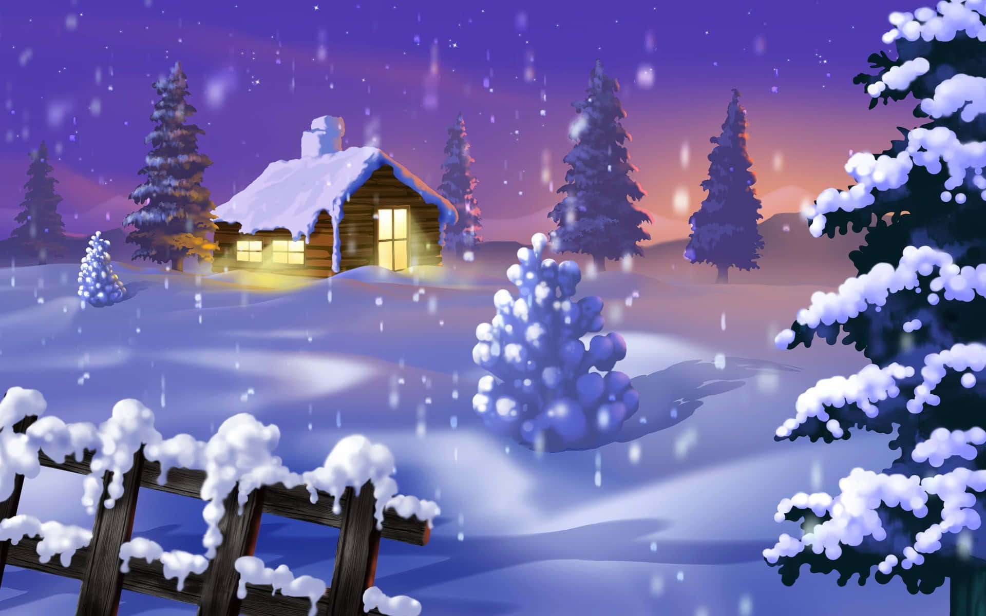 Snowy Christmas 桌布 壁紙 — 一間舒適的雪覆蓋小屋在紫色暮色天空下溫暖地發光，雪花飄落在松樹和木柵欄周圍。