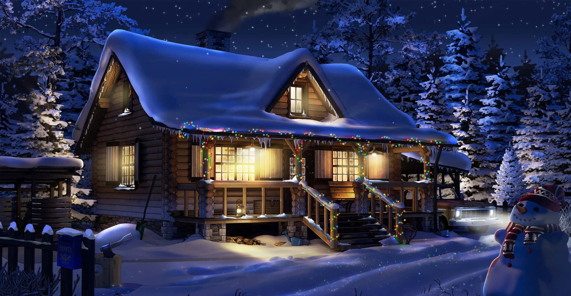 Cozy Winter Cabin 桌布 壁紙 — 一間舒適的雪覆蓋小屋在繁星點點的冬夜中溫暖發光，附近有節日燈飾和雪人。