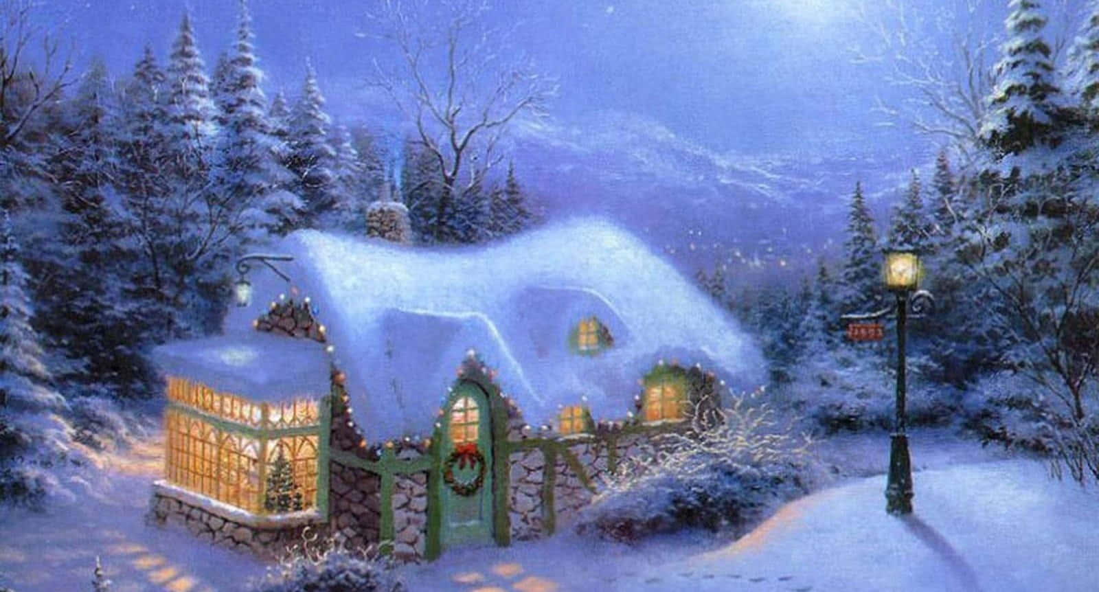 Vintage Christmas 桌布 壁紙 — 一間舒適的雪覆蓋小屋在繁星點點的冬夜天空下溫暖地發光，周圍環繞著松樹。