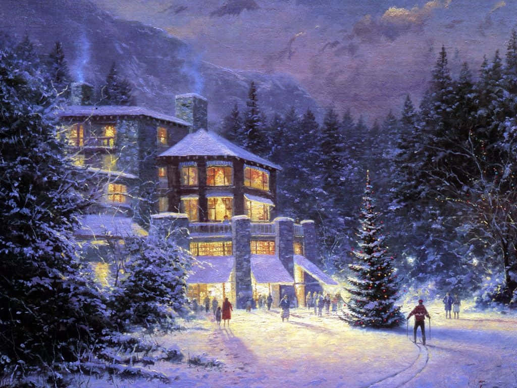 冬季場景 桌布 壁紙 — 一間舒適的雪覆蓋山間小屋在黃昏時溫暖地發光，滑雪者滑過一棵裝飾過的樹。